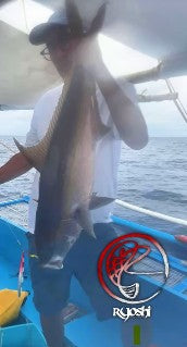 Angler Les Nunez with 2 nice sized amberjacks caught on his Accurate Reel using RPO OU812 jigs - Ryoshi Pro Outfitters