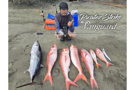 Angler Aqeelah Palawan Angler with a haul of ruby snapper and a Nice sized dogtooth tuna using PIRATEZ STRIKE Vanguard power 3. - Ryoshi Pro Outfitters