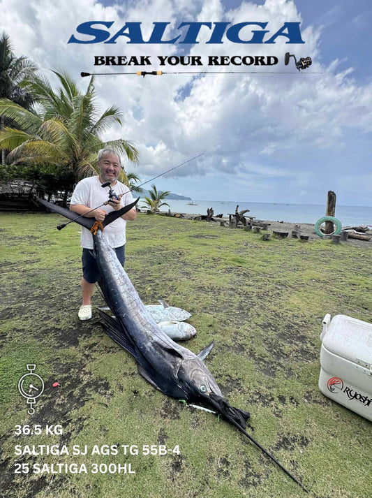 A huge 36.5kg sailfish landed by Angler John Michael Ciudadano using his Saltiga SJ AGS TG 55b-4 and 25 Saltiga 300HL with 30lbs braid on his last jigging session - Ryoshi Pro Outfitters