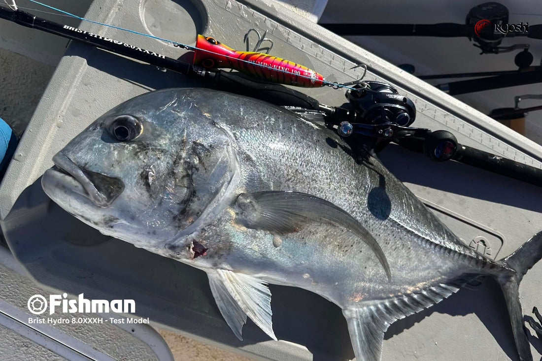 One of the few GT caught by Fishman Tester Angler Takehiro Nakamura using Fishman Brist Hydro test rod nd Fishman Pump Man Popper in Cagayan!!! - Ryoshi Pro Outfitters