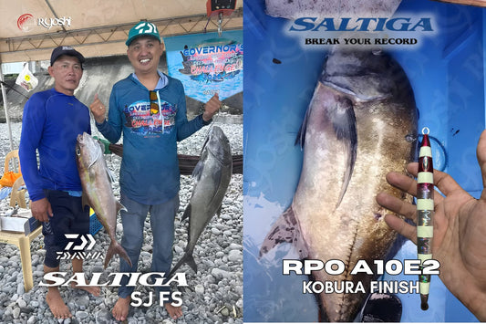 Angler Thomas Agusto Chan‘s 3rd place winning fish at the Governor’s Surigao Deep Sea Challenge, a 9.9 kg GT was caught on RPO A10E2 Kobura finish jigs. - Ryoshi Pro Outfitters