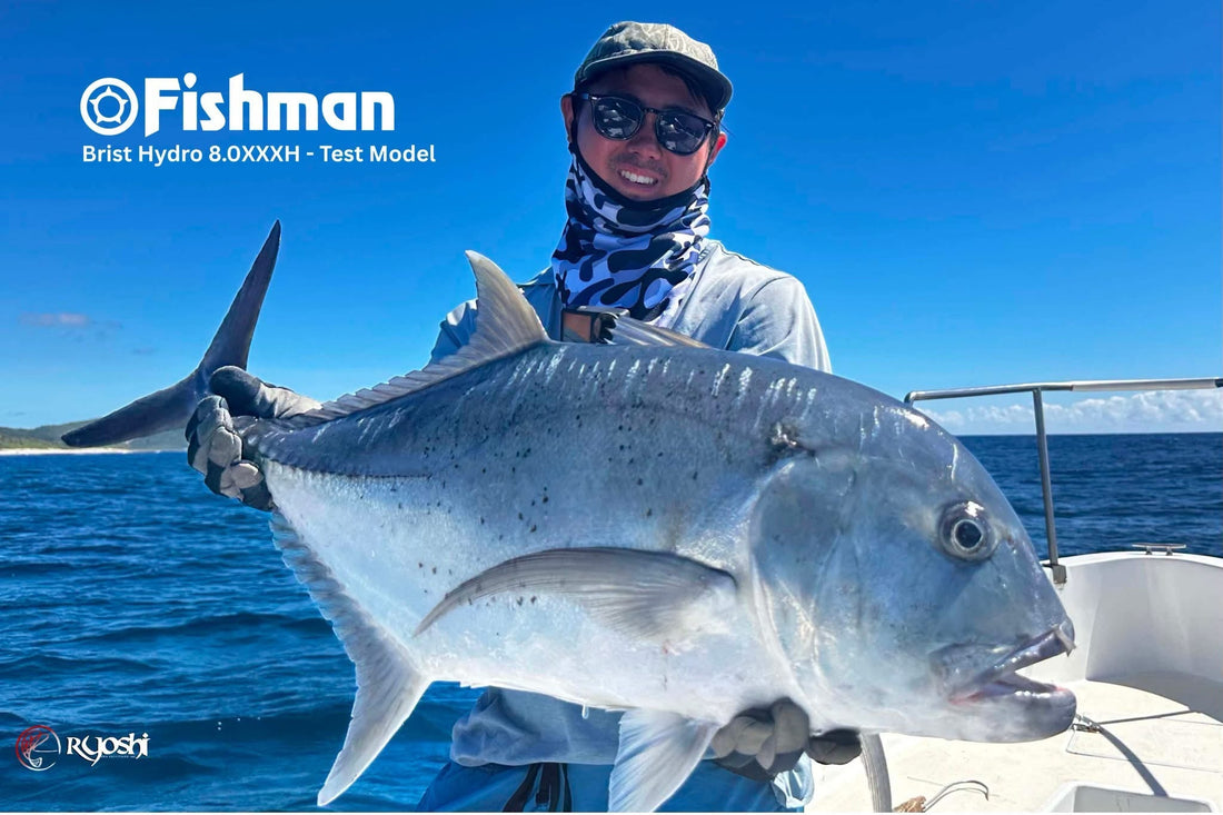 Team Ryoshi Pro Outfitters and Fishman Tester Takehiro Nakamura with another Giant trevally caught and released during Team Ryoshi’s Jig n Pop session in Cagayan. - Ryoshi Pro Outfitters