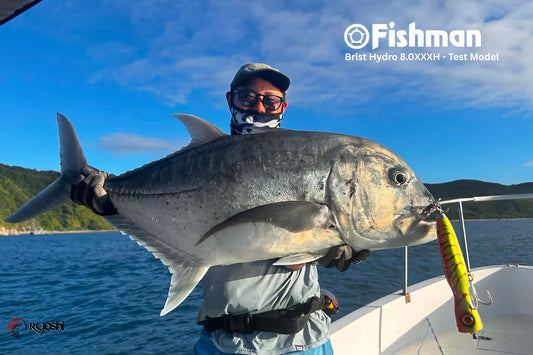 A Giant Trevally on Fishman Pump Man popper and Fishman Brist Hydro 80XXXH rod by Fishman Tester and Team Ryoshi Pro Outfitters angler Takehiro Nakamura during the team ryoshi jig and pop session in Cagayan. - Ryoshi Pro Outfitters