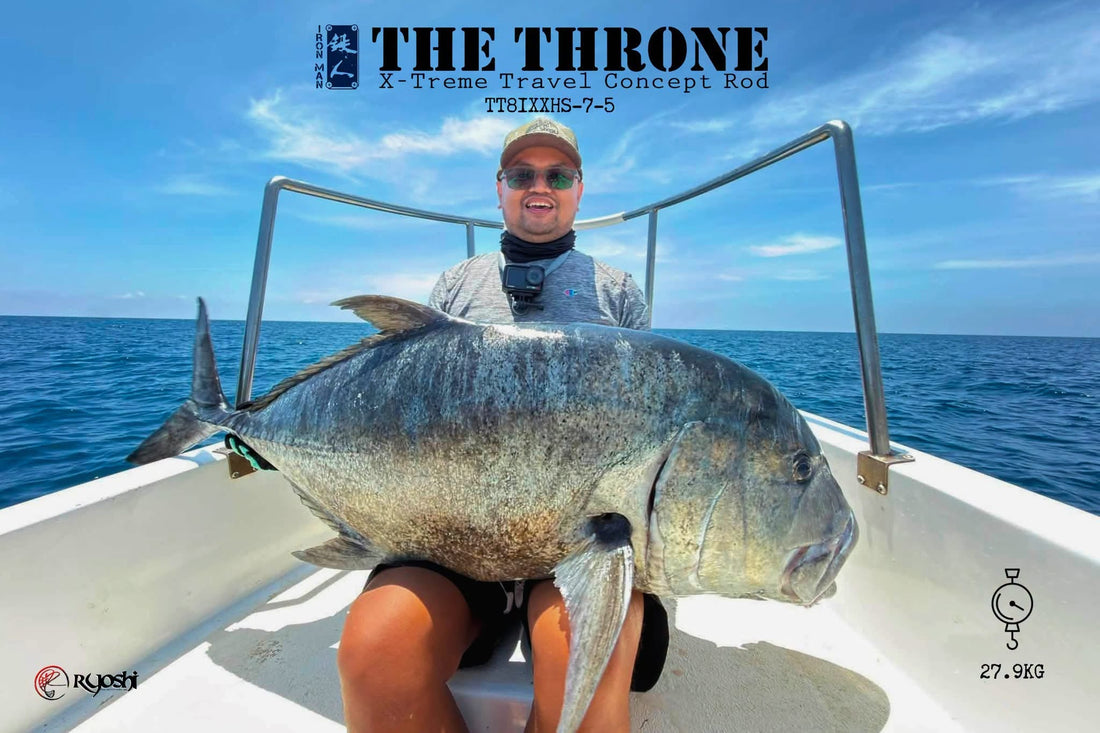 Angler Nico Mercado landing a huge 27.9KG Giant Trevally using Ironman The Throne Travel Rod. - Ryoshi Pro Outfitters