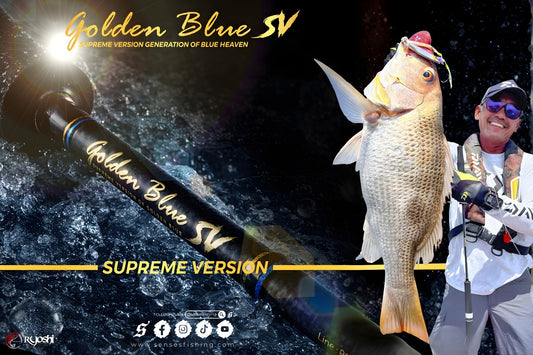 The Senses Golden Blue SV (Supreme Version) is a high-performance saltwater light jigging rod featuring a specialized blank formula with a four-axis carbon cloth layer for enhanced lifting power and durability - Ryoshi Pro Outfitters