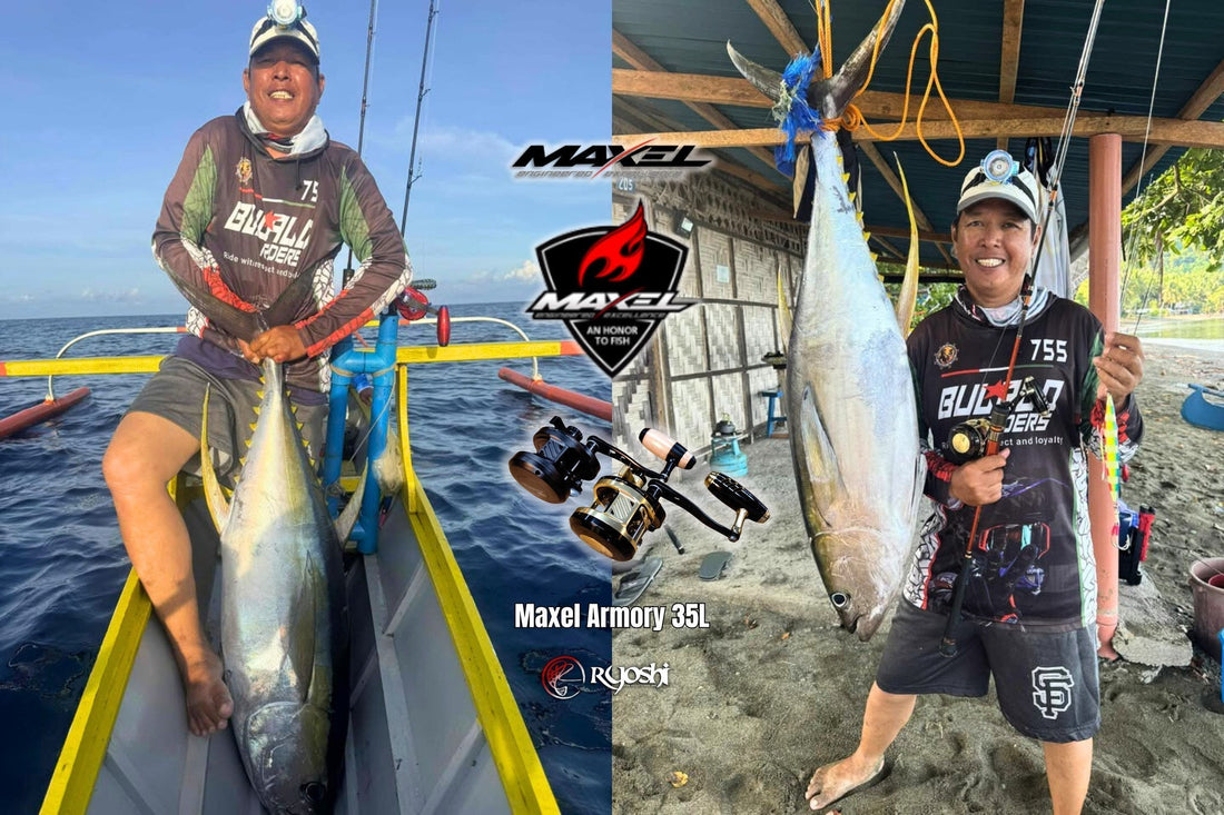 Angler Amir Musa landing this big yellow fin tuna using Maxel Armory 35L during their last jigging session in southern Philippines - Ryoshi Pro Outfitters