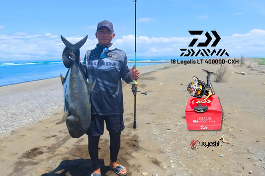 Angler Aaron Pacinos Ruatores using his 18 Daiwa Legalis LT4000D-CXH to land this good sized Giant Trevally During his recent shore casting session. - Ryoshi Pro Outfitters