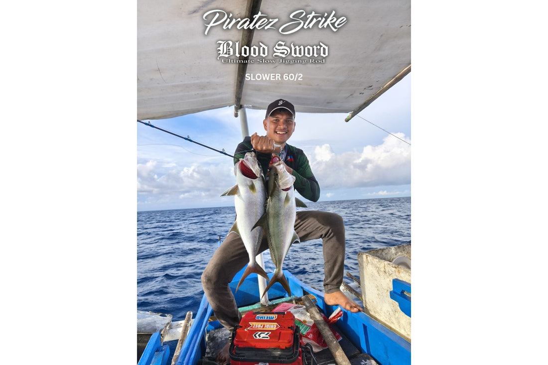 Angler Tejz Ligan Landing a twin hook up of amberjack on Piratez Strike Blood Sword Slower 60/2, Piratez Strike Slower Rod -  Ryoshi Pro Outfitters