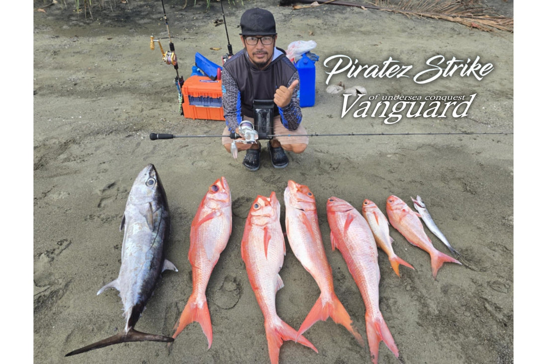 Angler Aqeelah Palawan Angler with a haul of ruby snapper and a Nice sized dogtooth tuna using PIRATEZ STRIKE Vanguard power 3. - Ryoshi Pro Outfitters