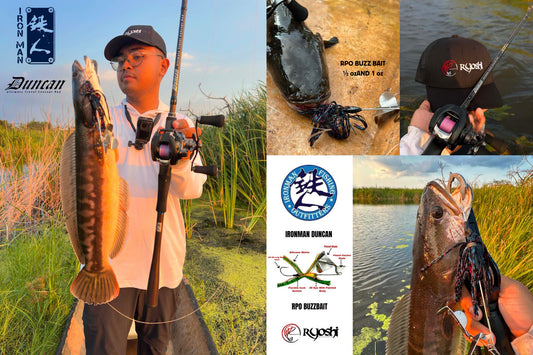 Ironman rod tester Angler Bosai landing a nice sized toman using Ironman Duncan rod and Daiwa Zillion reel with RPO Buzzbait. - Ryoshi Pro Outfitters