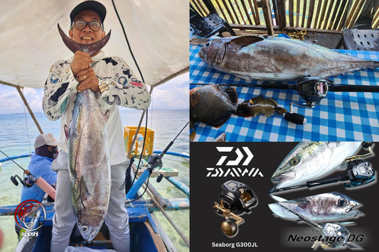 Angler Carlo Somantan landing a nice size dogtooth tuna using his Daiwa Neostage DG electric reel jigging rod and Daiwa Seaborg G300JL. - Ryoshi Pro Outfitters