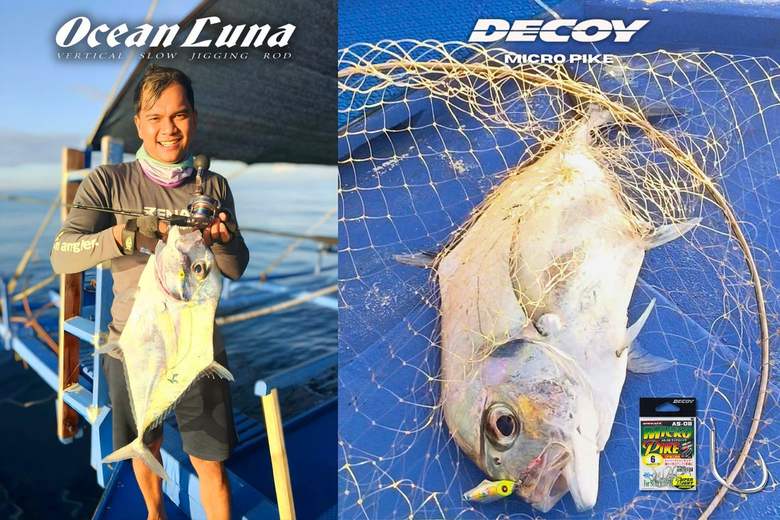 Angler / Ryoshi Pro tester Tejz Luna landing a nice sized diamond trevally using Senses Ocean Luna Slow Jigging Rod. - Ryoshi Pro Outfitters