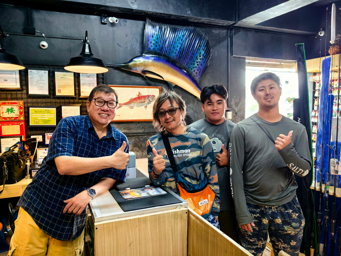Kenichi San of Fishman (owner of fishman) and Takehiro Nakamura (fishman tester) on their first visit to Ryoshi Pro Outfitters july 2024 -Ryoshi Pro Outfitters