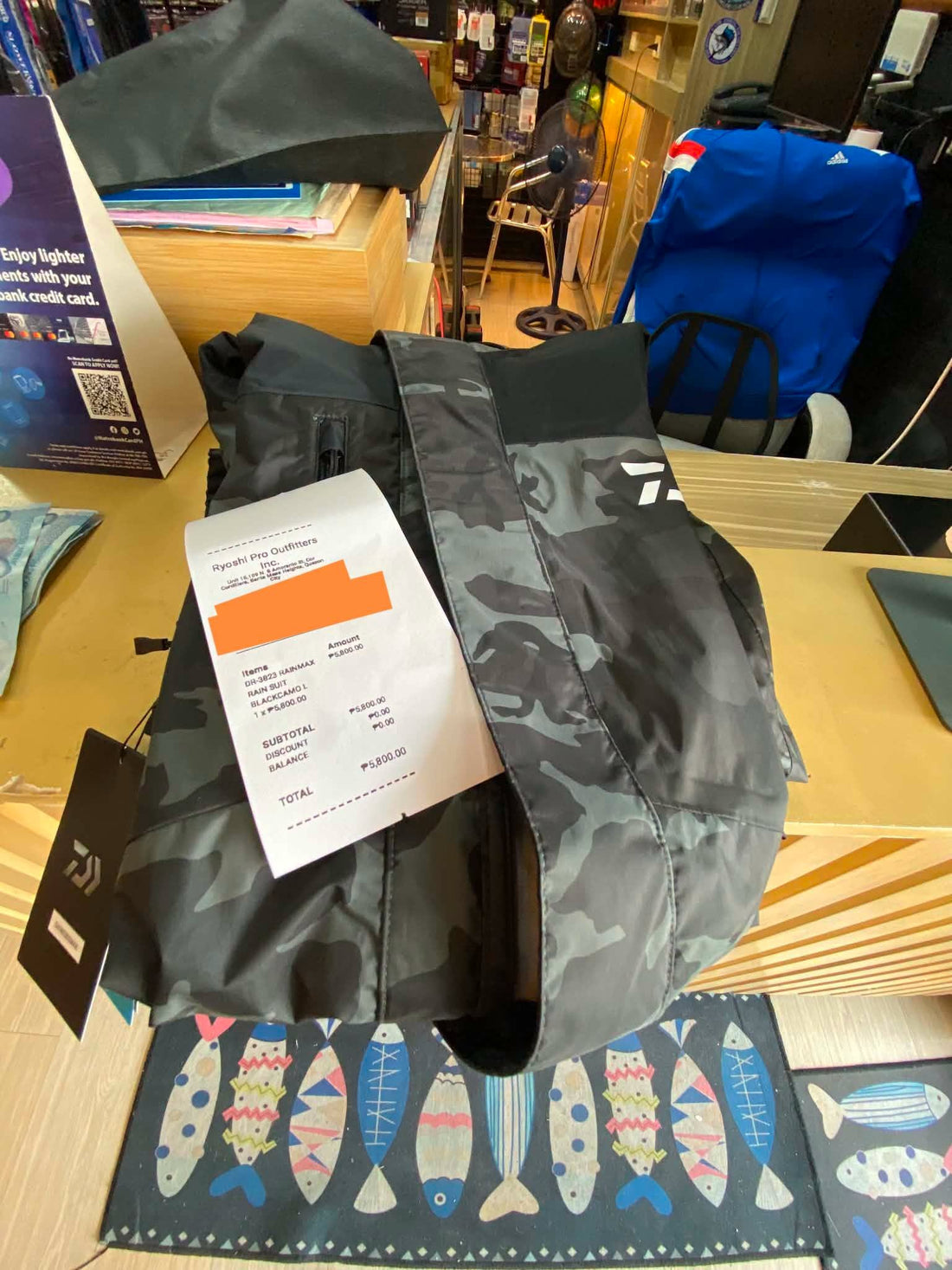 Daiwa rain gear, camo set of pants and long sleeve rain wear, very comfortable does not feel like heavy plastic raincoats, customers choice for this rainy season fishing, friday grind, thanks for the continued support - Ryoshi Pro Outfitters
