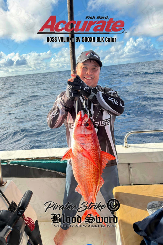 Team Ryoshi Pro Outfitters angler Ivan Go landing a big size ruby snapper from the depths of 250m using Accurate Valiant BV 500XN BLK color and Piratez Strike Slower 56/3 during the teams last jigging session - Ryoshi Pro Outfitters