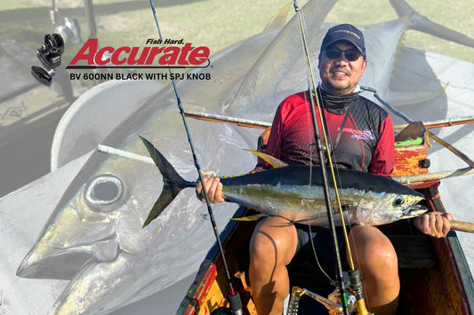Angler Hec Emberga landing his first Yellow Fin Tuna using Accurate Boss Valiant 600NN. - Ryoshi Pro Outiftters