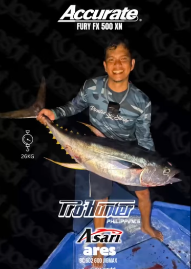 Value for money 3000php Prohunter Asari Ares rod with Accurate Boss Fury FX500XN used by Ryoshi Pro Outfitters tester angler Tejz Ligan to subdue this big yellow fin tuna!  - Ryoshi Pro Outfitters