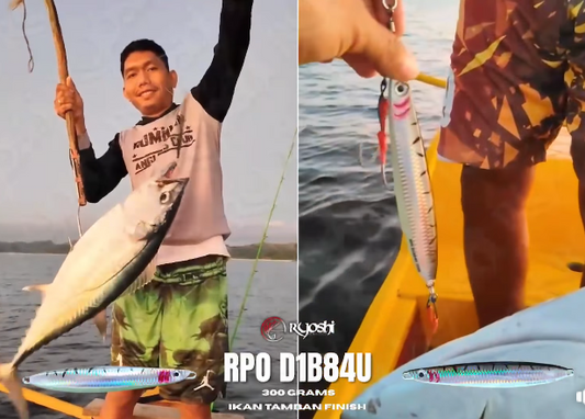 Angler Sanvic Tiaga of Sta Fe Romblon landing a nice sized dogtooth tuna using RPO D1B84U ikan tamban finish jig.  - Ryoshi Pro Outfitters