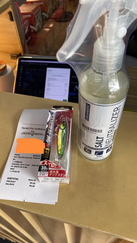 Customers choice!! Saltwater neutralizer, when going on trips where you dont know the quality of freshwater and Daiwa samurai tungsten jigs, Good for fast underwater currents. - Ryoshi Pro Outfitters