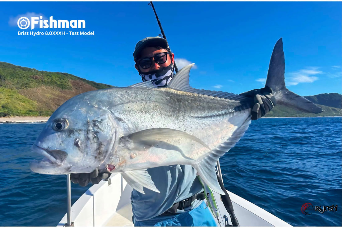 Another Giant Trevally caught on Fishman Brist Hydro 8.0 XXH Trial version by Takehiro Nakamura during Team Ryoshi Pro Outfitters jig and pop session in cagayan. Fish was released safely after photo was taken.