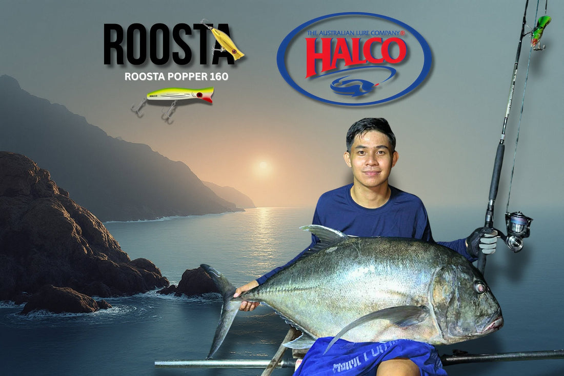 This huge 25.6kg Giant Trevally was caught by Ryoshi Pro tester Josh Macnel Sulit using Halco Roosta Popper 160 on one of his night popping adventures - Ryoshi Pro Outfitters